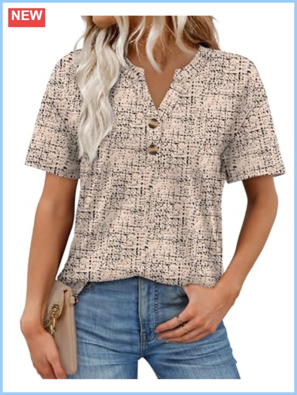 Womens Short Sleeve V Neck Henley Tunic Top Loose Fit Summer Work Blouse